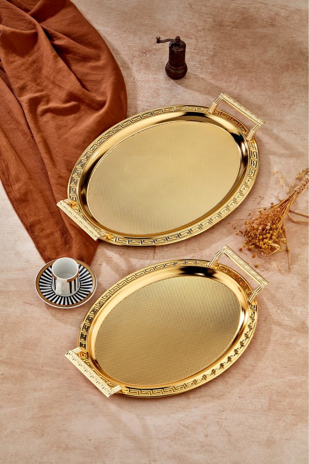2'li Metal Oval Sunum Tepsisi CKR3346 Gold 48x32 cm ve 40x29 cm