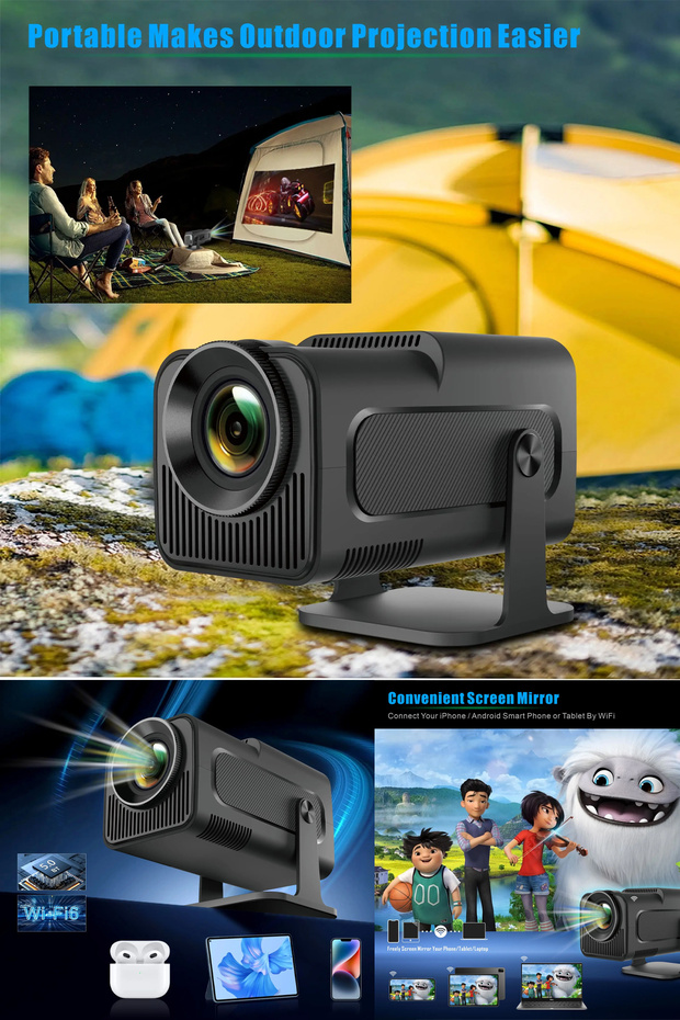 Taşınabilir Sinema Projektörü 1280 * 720P  Bluetooth Android 11 Akıllı Siyah Projeksiyon Wifi - 6