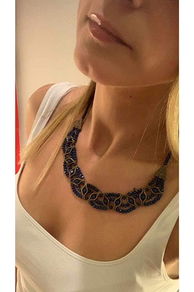 Dark Blue Crystal Stone Copper Necklace Bead Gift