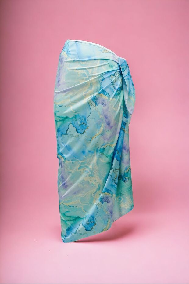 Turquoise Smoke Patterned Long Pareo Satin Women's Beach Dress New Season