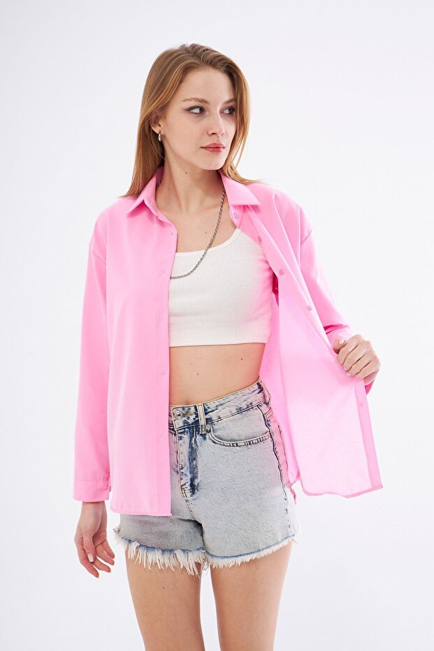 Kadın Pudra Rengi Oversize Uzun Basic Gömlek - 5