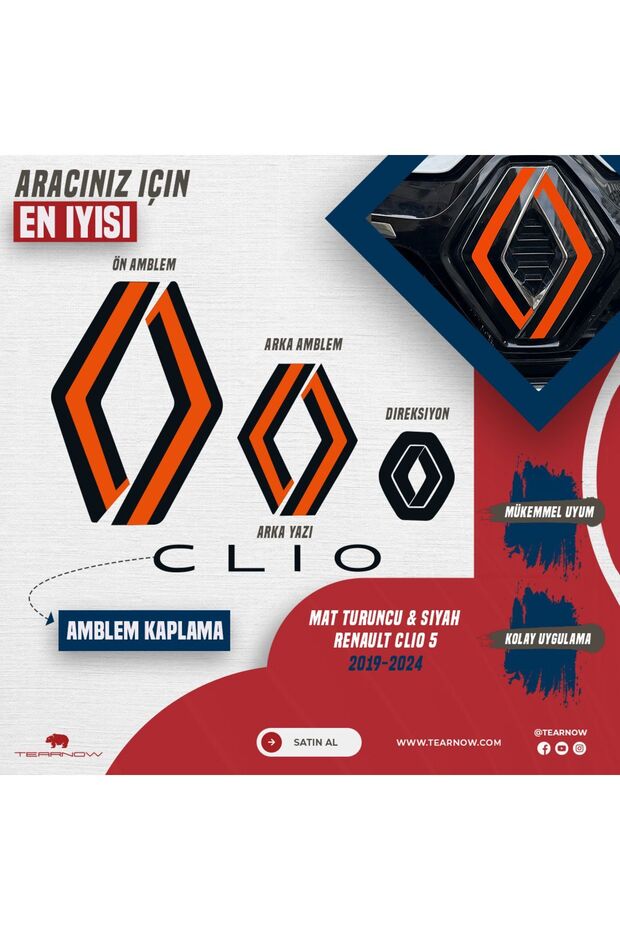 Renault Clio 5 (2019-2024) New Design Emblem Skin Sticker - Matte Orange & Matte Black