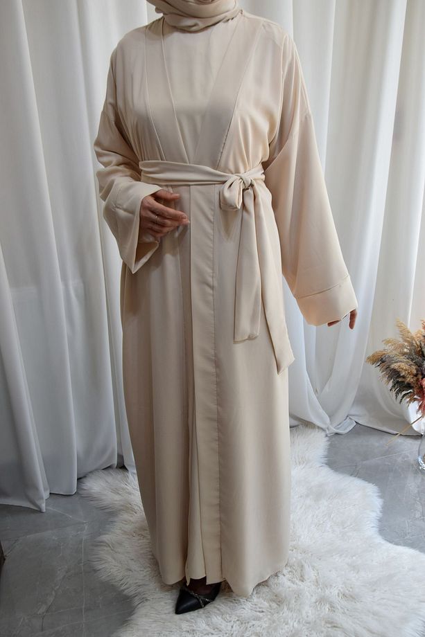 Model Hacer Medine İpeği Uzun Kol Elbise Abaya Takımı (4 Parça) - Krem - HACER01012 - 5