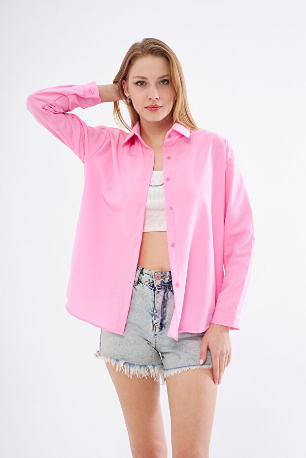 Kadın Pudra Rengi Oversize Uzun Basic Gömlek - 6