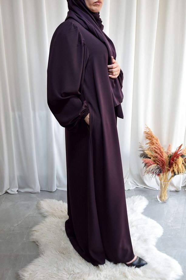 Model Erva Medine İpeği Balon Kollu Ferace (ŞALSIZ) - Mürdüm - ERVA01029 - 5