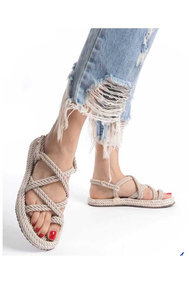 صندل فليب فلوب من القش - سلسلة حبل، نعل مرتفع - 1