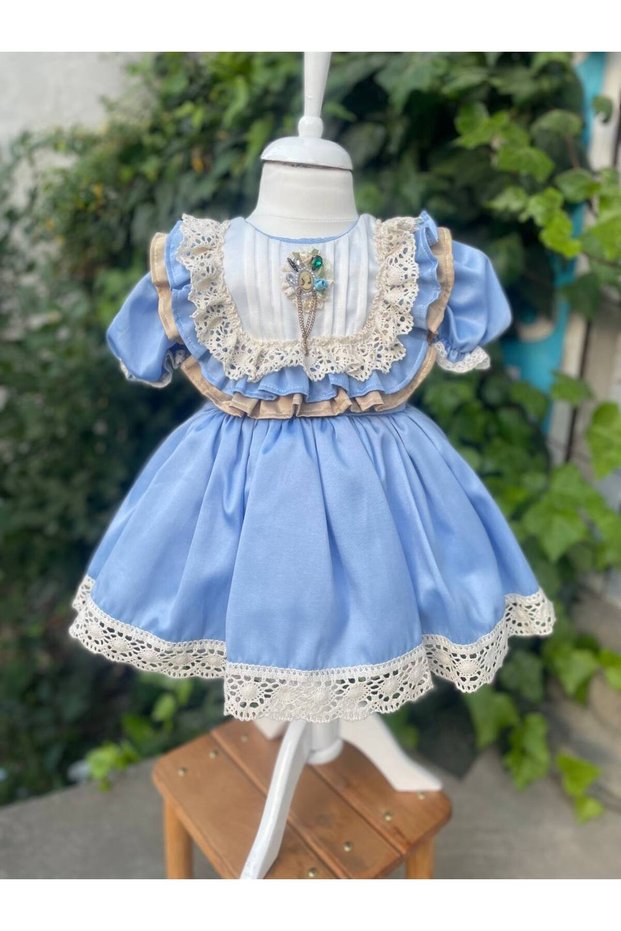 Blue Vintage Girls' Concept Dress with Lace Detail