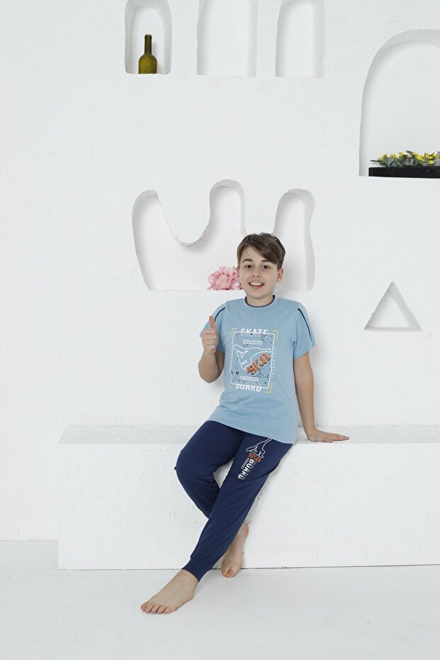 Short Sleeve Six Long Crew Neck Skate Board Printed Boys' Pajamas Set