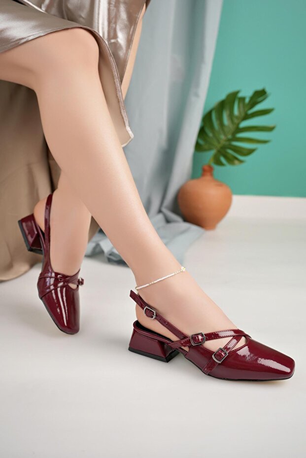 Square Toe Women's Burgundy Patent Leather Casual Open Back New Classic Shoes