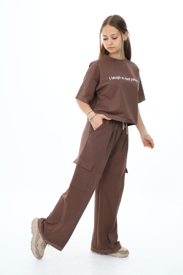 Girls' 100% Cotton Oversize Cargo Pocket Half Sleeve Top and Bottom Tracksuit Set