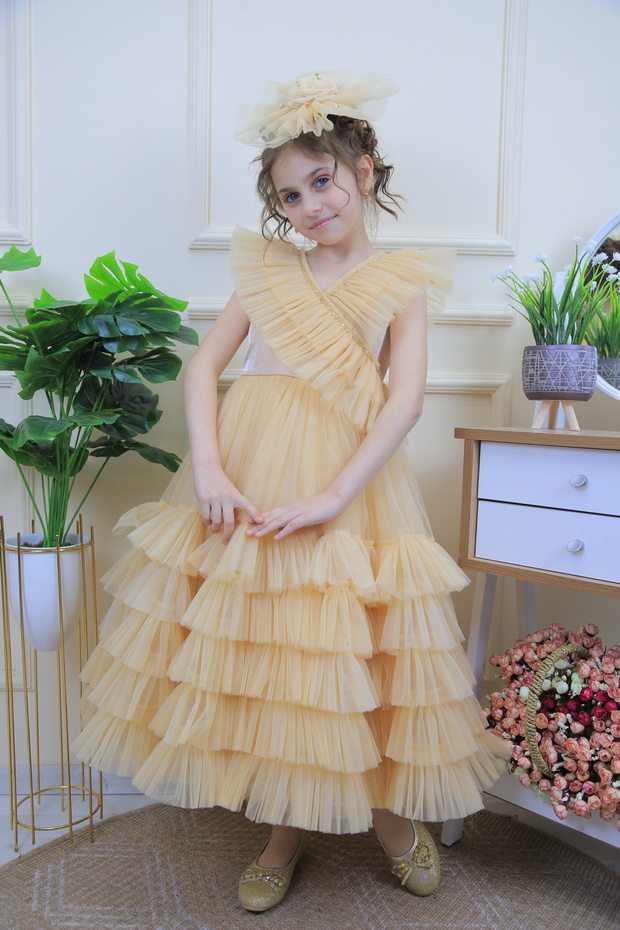 Ruffled Collar, Ruffled Long Skirt, Special Cut Girls' Evening Dress - with Accessories as a Gift