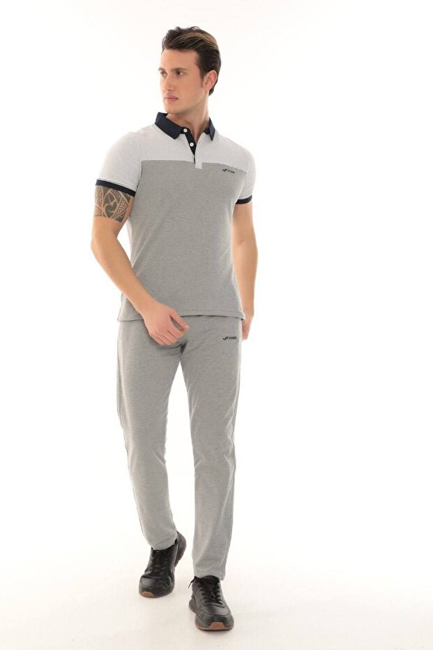 Men's Gray Melange Polo Collar T-shirt Set