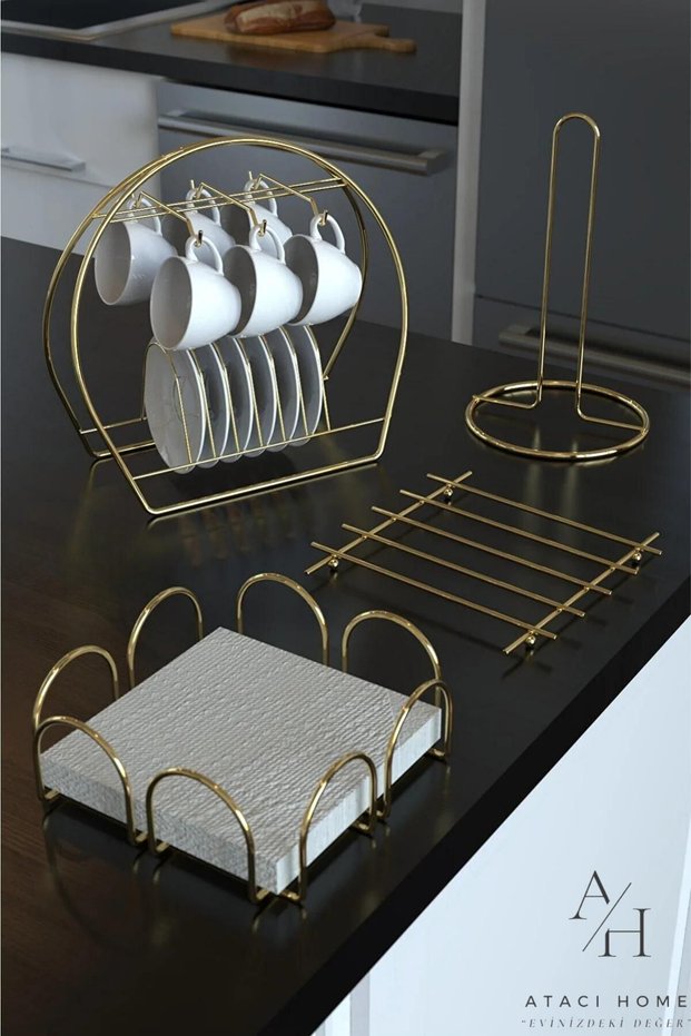 Service Presentation Set Towel Napkin Holder Trivet Cup Hanger Gold Gold Stainless Kitchen Dowry Set of 4