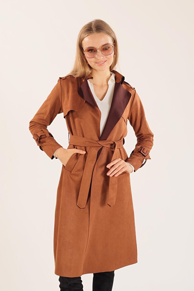 7275a Bel Bağlamalı Süet Trençkot Taba - 5