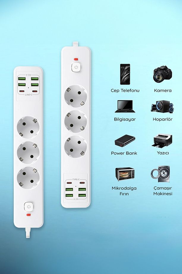 Yeni Nesil 3lü Grup Priz 2.0 Metre 2 Adet Type-C ve 4 Adet USB Girişli Universal Çoklu Priz - 4