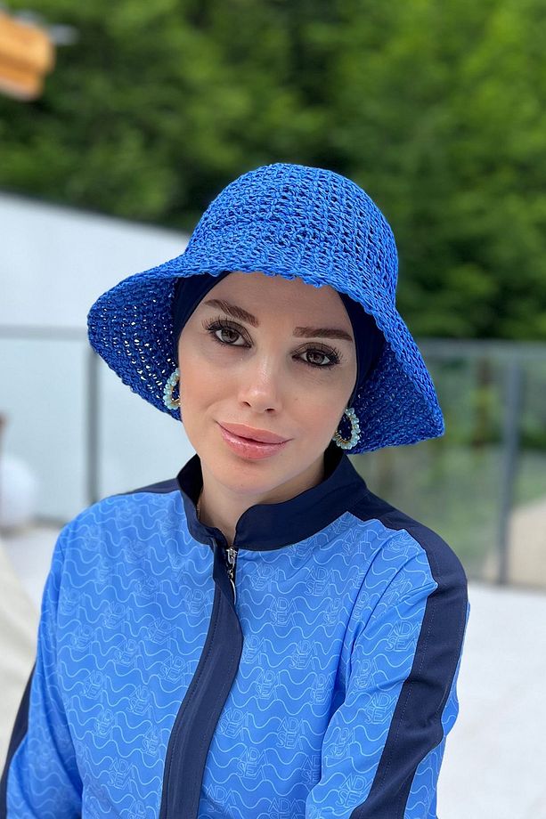 El Örgü Hasır Şapka RŞ-83 Saks Mavi - 3