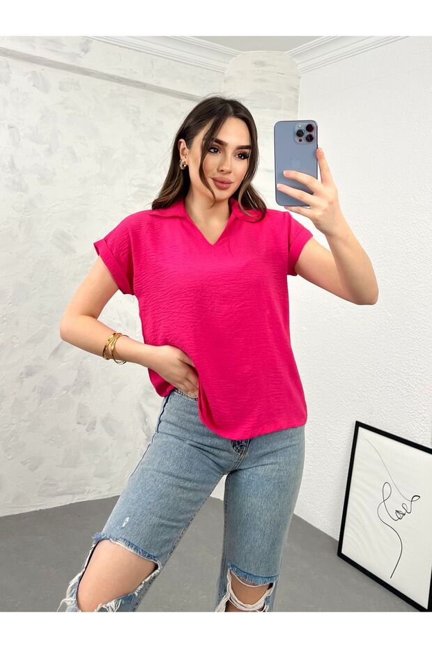 Women's Fuchsia V-Neck Collar Aerobin Blouse