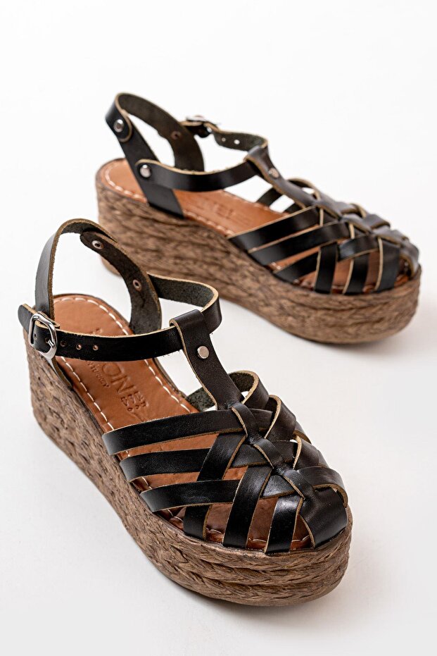 684-02 Black Orthopedic Genuine Leather Wedge Women's Sandals
