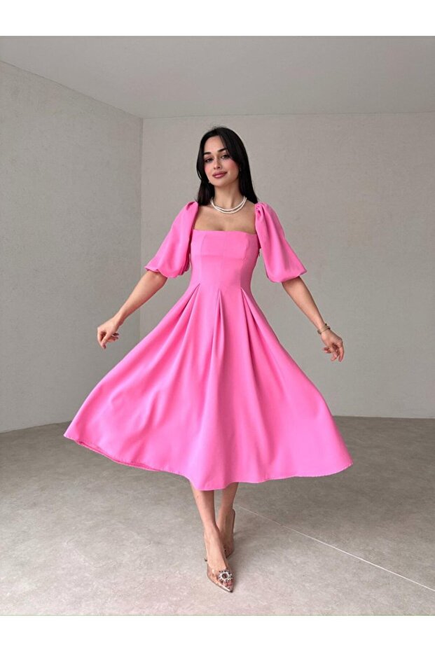 Square Neck Pleated Midi Length Dress