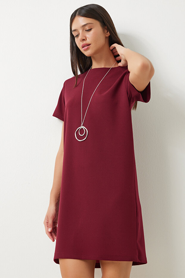 Kadın Bordo Bisiklet Yaka Basic Krep Elbise TO00136 - 3