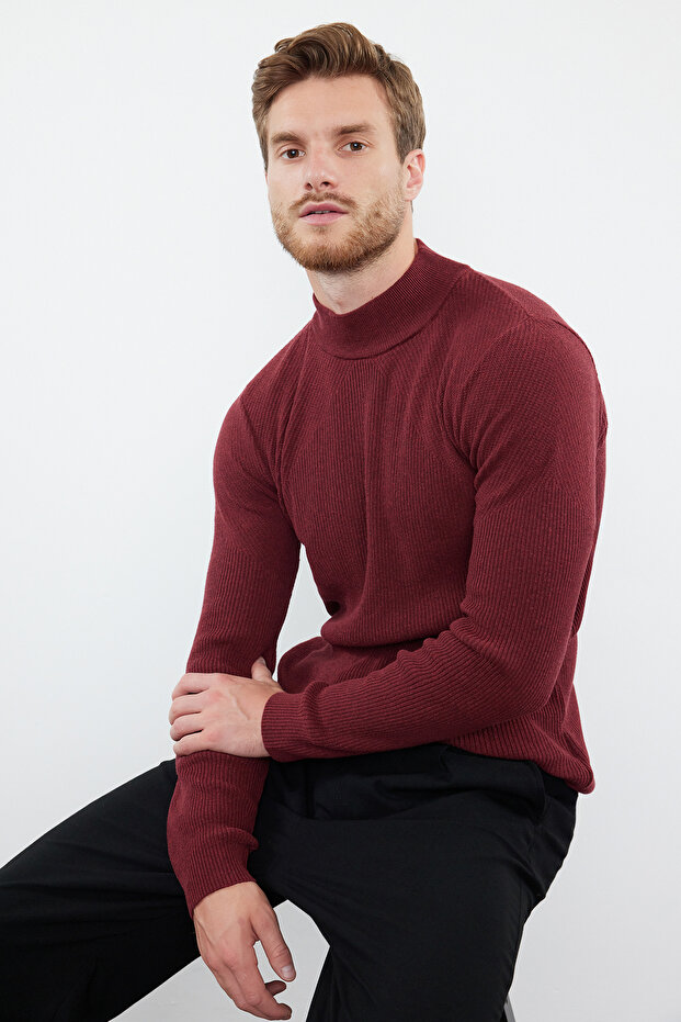 Unisex Claret Red Manšestrový svetr - Skinny Fit, Bavlna, Poloviční rolák Tmnaw21Kz0553 - 2