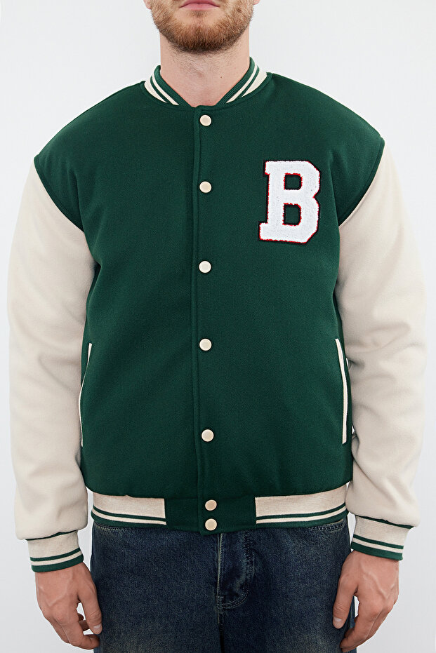 Yeşil Unisex Regular Fit Bomber Yaka Kolej Kışlık Ceket Mont TMNAW24MO00017 - 3