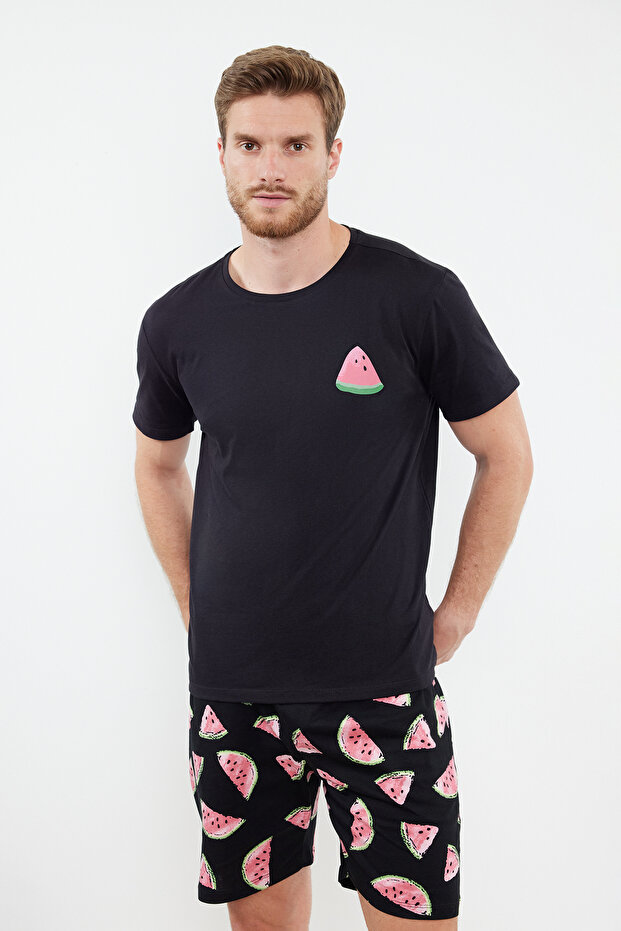Siyah Couple/Çift Regular Fit Karpuz Desenli %100 Pamuklu Şortlu Erkek Pijama Takımı TMNSS24PT00050 - 2
