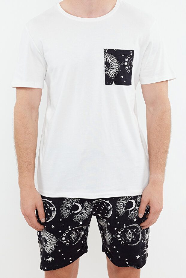 Ekru Siyah Baskılı Regular Couple/Çift Örme Şortlu %100 Pamuklu Erkek Pijama Takımı TMNSS24PT00018 - 3