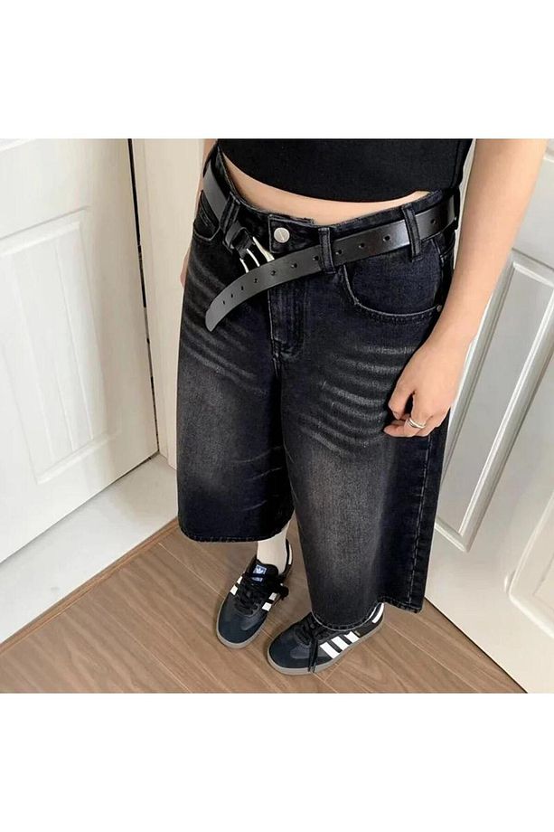 Siyah Yıkamalı Y2K Baggy Kot Şort - 4