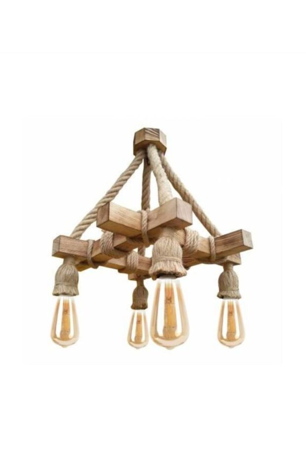 Tasarım Ahşap Halatlı Rustik Salon Avize 4'lü - 3