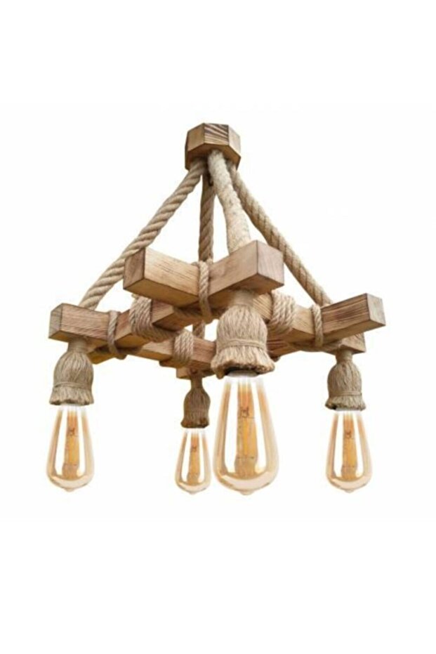 Tasarım Ahşap Halatlı Rustik Salon Avize 4'lü - 1