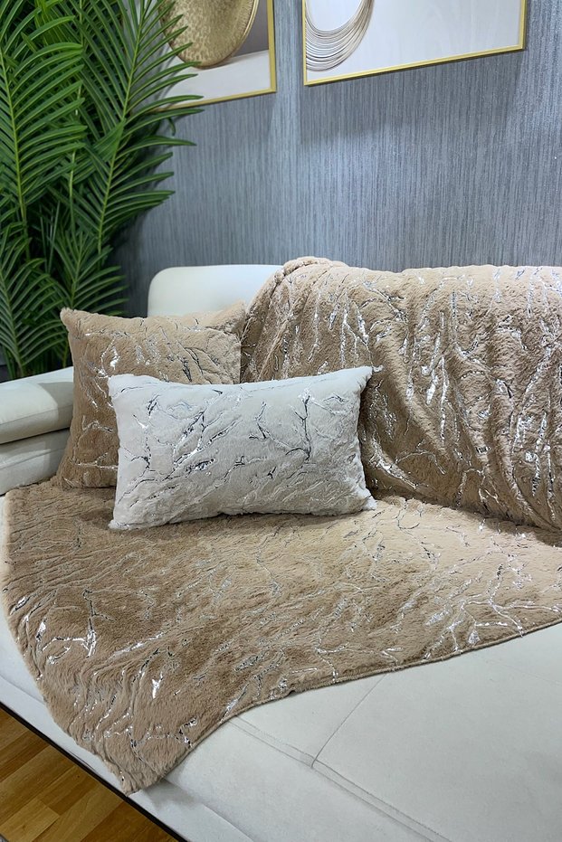 Milk Coffee Plush Silver Foil Printed Sofa Cover and Shawl