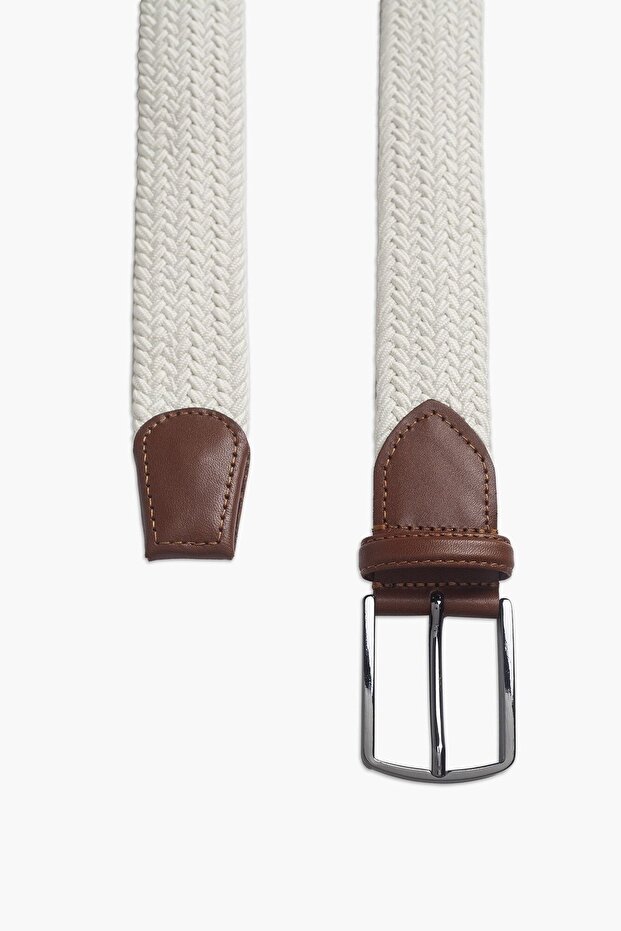 Erkek Ekru Hakiki Deri Detaylı Elastik Örme Kemer - 2