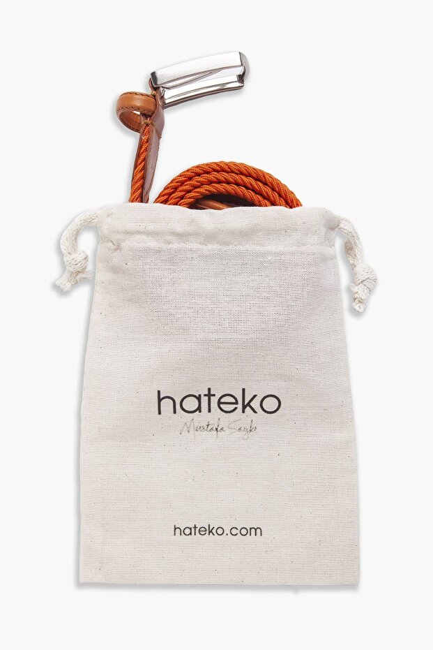 Erkek Turuncu Hakiki Deri Detaylı Elastik Örme Kemer - 3