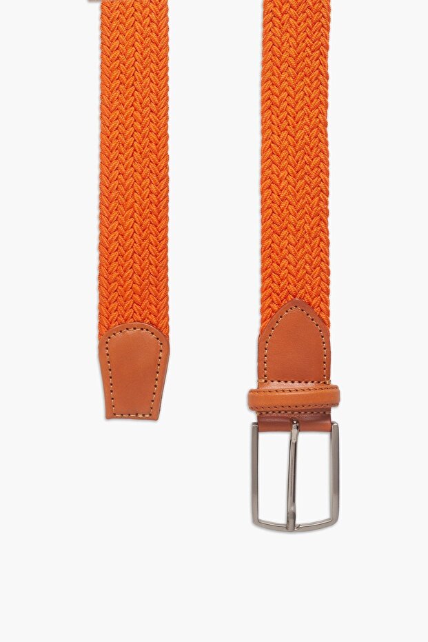 Erkek Turuncu Hakiki Deri Detaylı Elastik Örme Kemer - 2