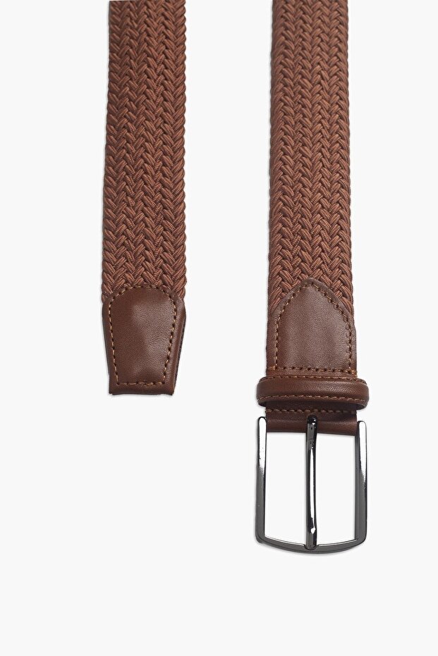 Erkek Taba Hakiki Deri Detaylı Elastik Örme Kemer - 2