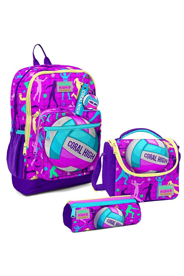 Girls' Three-Piece Elementary School Bag Set - Pink and Purple Volleyball