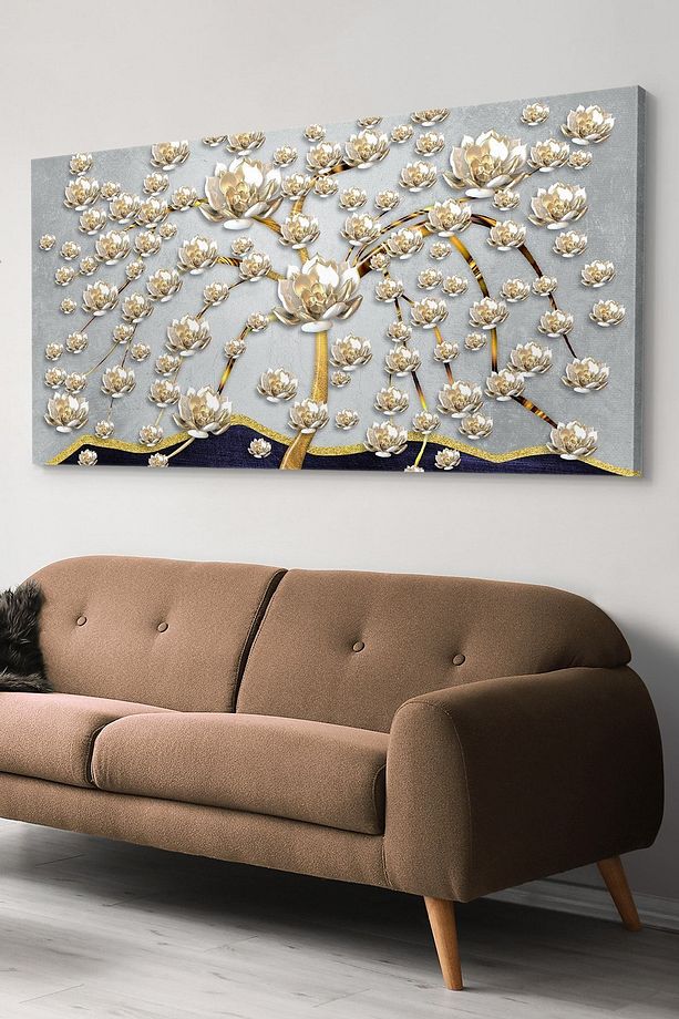 Gold Çiçekler Tek Parça Kanvas Canvas Tablo - 1
