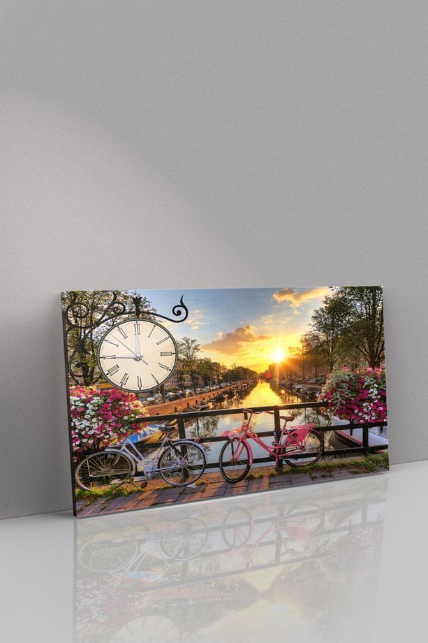 Çiçekler Ve Bisiklet Saatli Kanvas - Canvas Tablo - 2