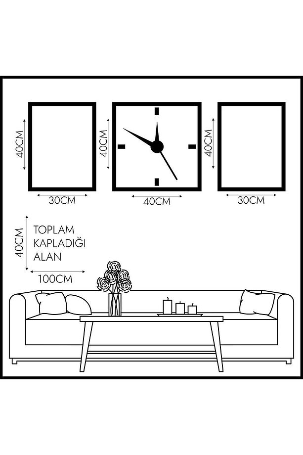 Vazoda Çiçekler Gold Pleksi Tablo Saat Set - 3