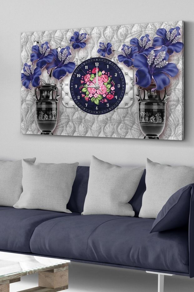 Mavi Çiçekler Saatli Kanvas - Canvas Tablo - 1