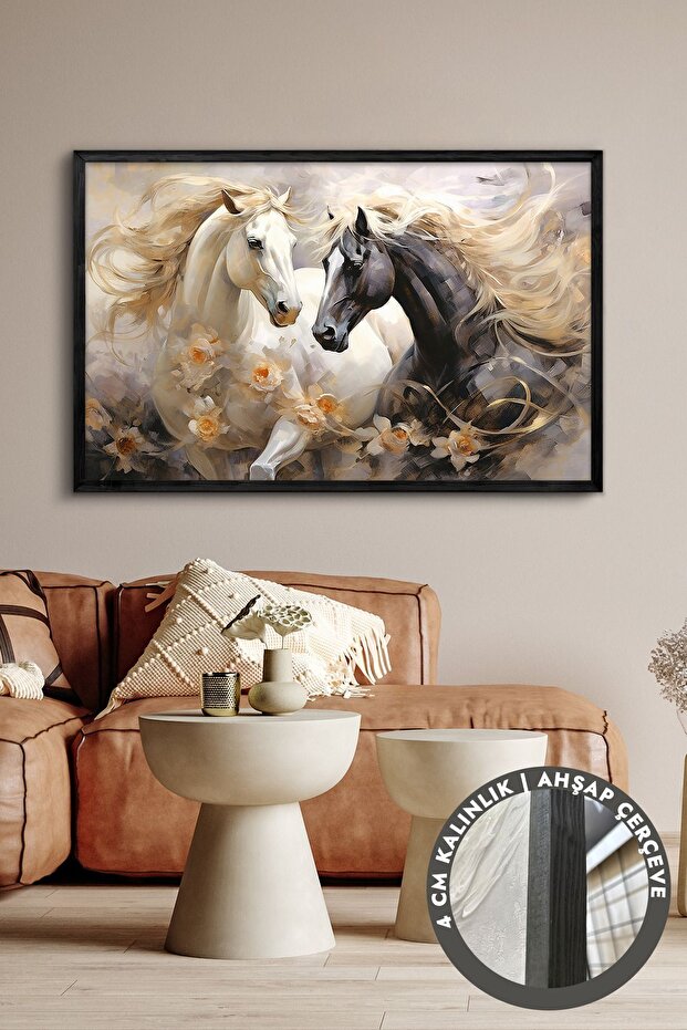 Asil Atlar Tek Parça Siyah Ahşap Çerçeveli Kanvas - Canvas Tablo - 1