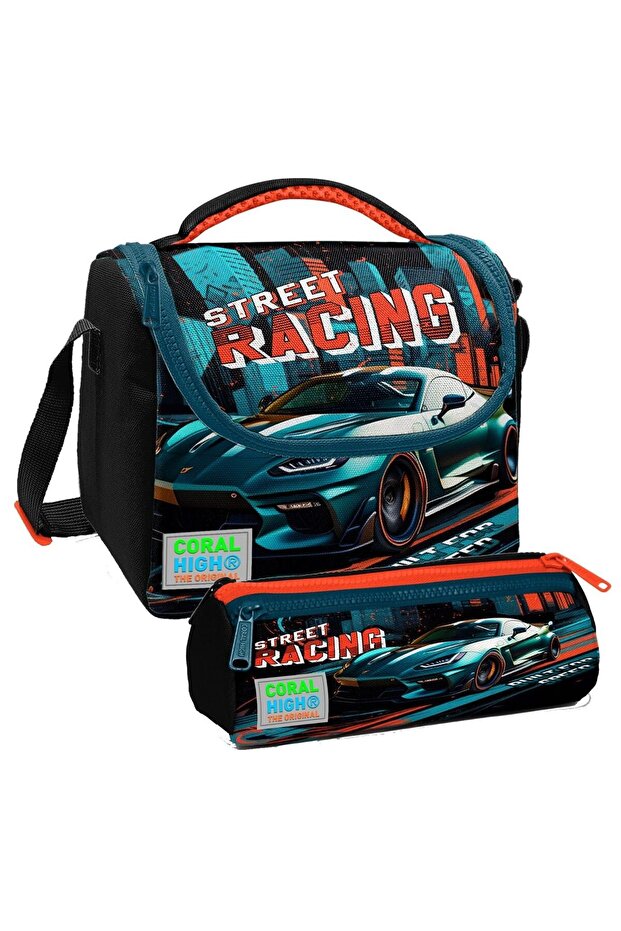 Black and Petrol Race Car Patterned Boys ' Thermally Insulated Lunch Bag and Pencil Case