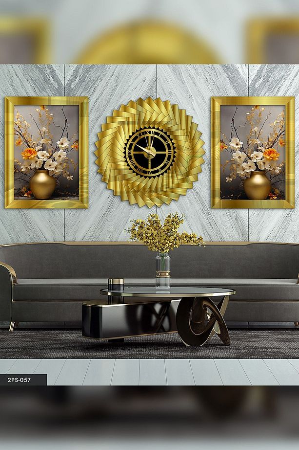 Vazoda Çiçekler Gold Pleksi Tablo Saat Set - 1
