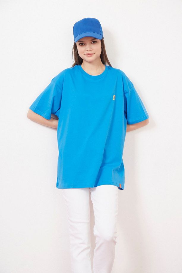 Eazy Mavi Ornament Unisex Oversize Baskılı Kısa Kollu T-shirt - 4
