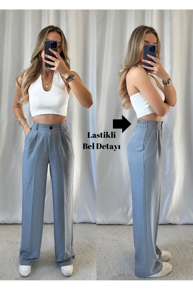 Linen Palazzo Women's Trousers - Mini Waist Elastic