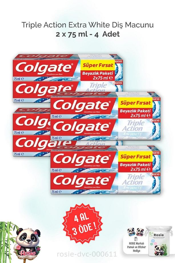 4 AL 3 ÖDE Colgate Triple Action Extra White Diş Macunu 2 x 75 ml ve ROSIE - 1