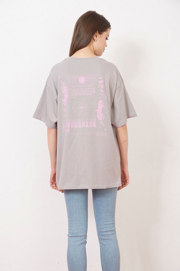 Eazy Gri Outer Space Unisex Oversize Baskılı Kısa Kollu T-shirt - 3