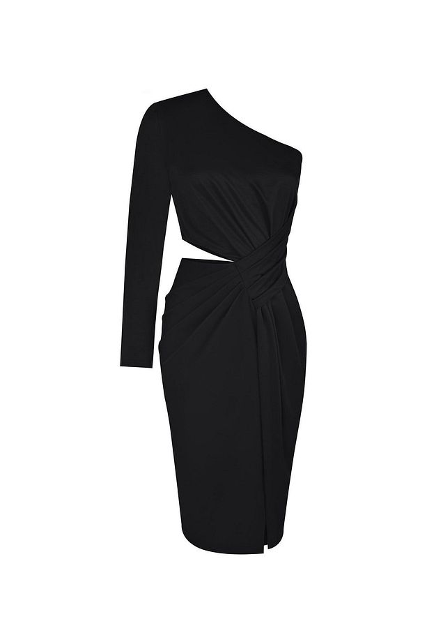 Beli Pencere Detaylı Tek Omuz Siyah Midi Elbise - 3