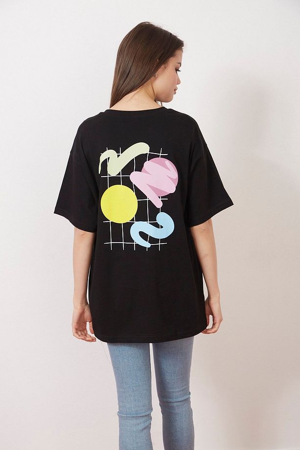 Eazy Siyah Abstract Shapes Unisex Oversize Baskılı Kısa Kollu T-shirt - 2